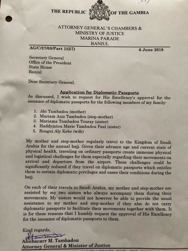 Letter shows Tambadou telling State House his mother is a regular traveller who can’t travel on normal passport because of her age