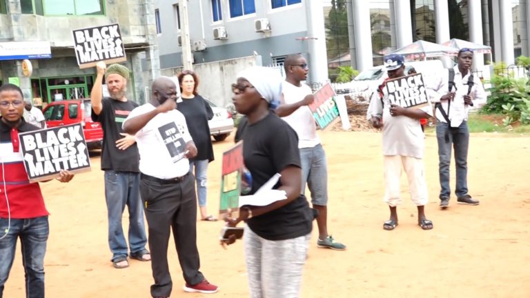 Small crowd chant ‘we want justice’ – as Black Lives Matter Gambia activists assemble in front of US  Embassy for anti-racism protest