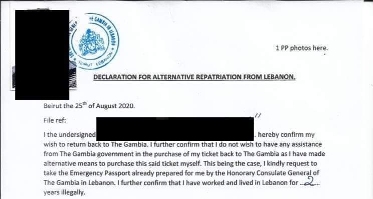 PHOTO: The declaration letter Gambian women in Lebanon signed and are now whining over