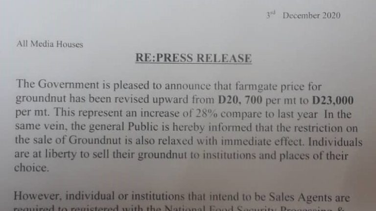 Much-bashed agriculture ministry changes gear – as it announces new farm-gate price for groundnut and says farmers are at liberty to sell their groundnut to whoever they like
