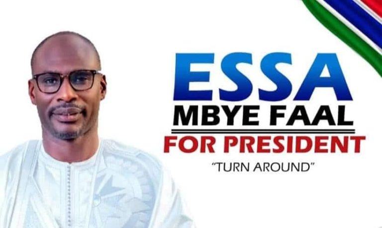 Essa Faal says his deceased parents approved of his presidency bid and then declares Gambia is at a crossroads as he begins speaking at announcement event