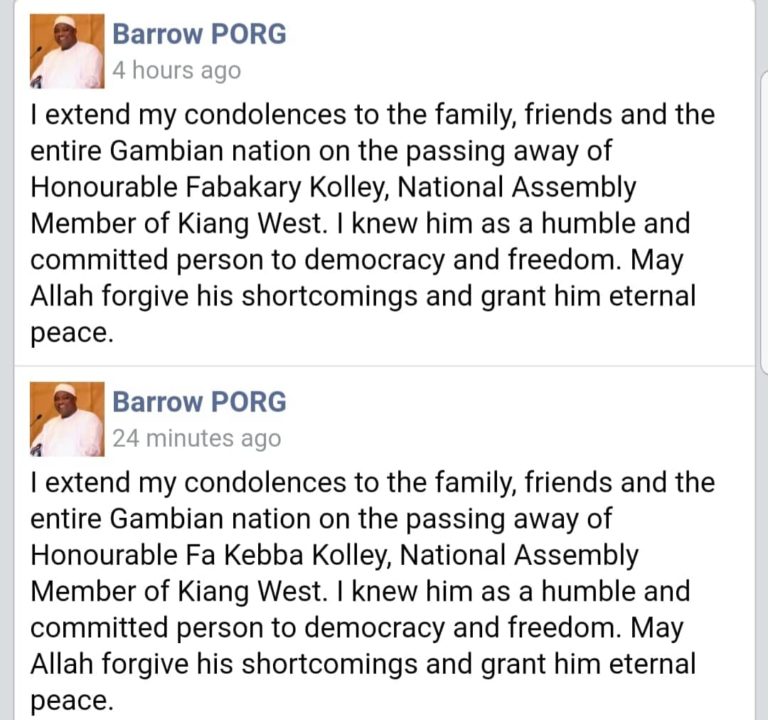 Fabakary or Fakebba? President Barrow calls fallen MP Fakebba Colley ‘Fabakary Colley’ in condolence message